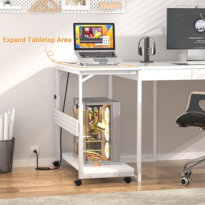 Computer Tower Stand with Power Strips, Height Adjustable PC Tower Stand/Cart with Wheels, Mobile Rolling CPU Holder, Computer Cart Side Stand for Computer Desk, 32", Carbon Fiber White