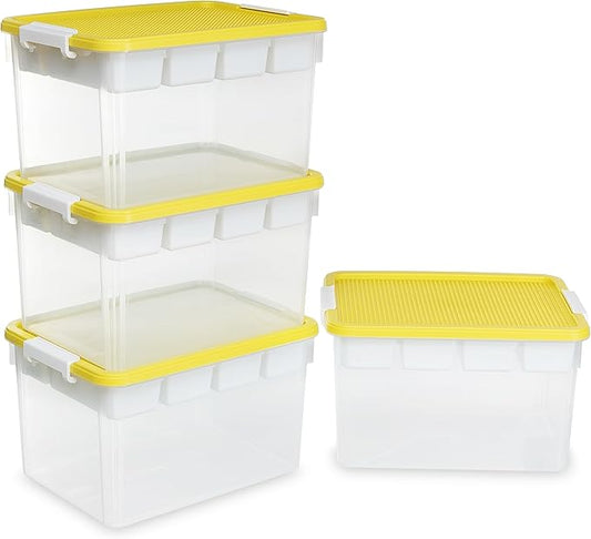Citylife 32 QT Plastic Storage Box with Removable Tray Craft Organizers and Storage Clear Storage Container for Organizing Bead, Tool, Sewing, Playdoh, 4 Packs-Yellow