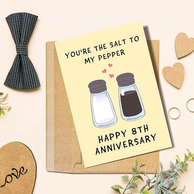 Funny 8 Years Anniversary Card for Husband Wife, Happy 8th Anniversary Card for Him Her, Hilarious Bronze Wedding Anniversary Card, You're the Salt to My Pepper