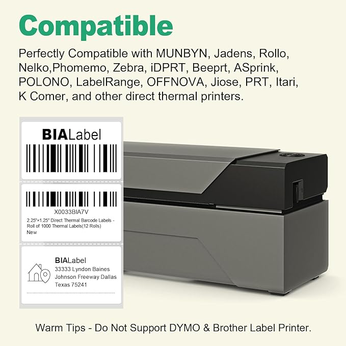 12 Rolls 2.25" X 1.25" Thermal Printer Labels, 1000/Roll - Direct Thermal Labels Compatible with Zebra & Rollo Printers