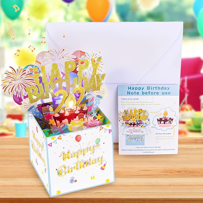 Tnvee 22TH Birthday Cards with Lights & Music & Candle, 3D Pop Up Singing Happy Birthday Greeting Cards Gfits for 22 Years Old Girl Boy Friends