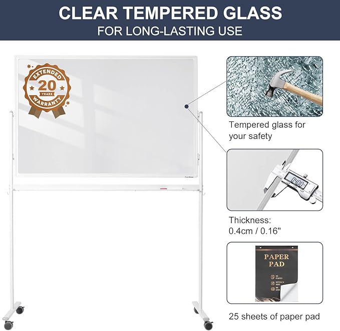 Mobile Clear Glass Whiteboard, TANKEE 48" X 32" Standing White Board on Wheels, Large Rolling Dry Erase Board with Stand, Transparent Tempered Glass Board with Paper Pad, Great for Office Home School