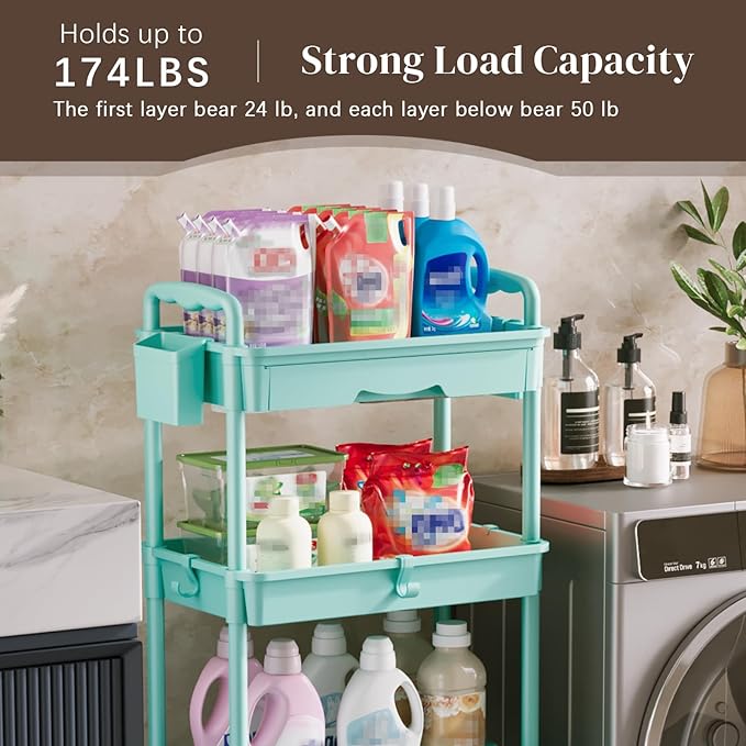 4 Tier Rolling Utility Cart with Drawer, Utility Storage Organizer with Plastic Shelf & Lockable Wheels Multifunctional Storage Cart for Kitchen, Bathroom, Office, Living Room, Blue