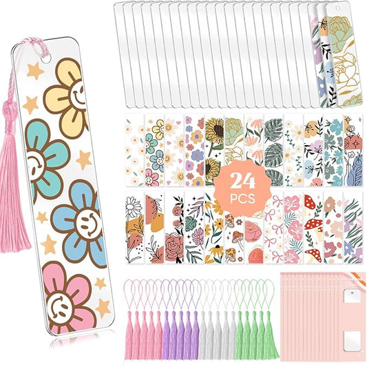 48PCS Bookmark Making Kit, 24 Acrylic Bookmark Blanks with 24Pcs Tassels, 24 UV Stickers About Flower Theme, DIY Blank Bookmarks Waterproof UV DTF Transfers Stickers for Clear Bookmarks DIY Projects