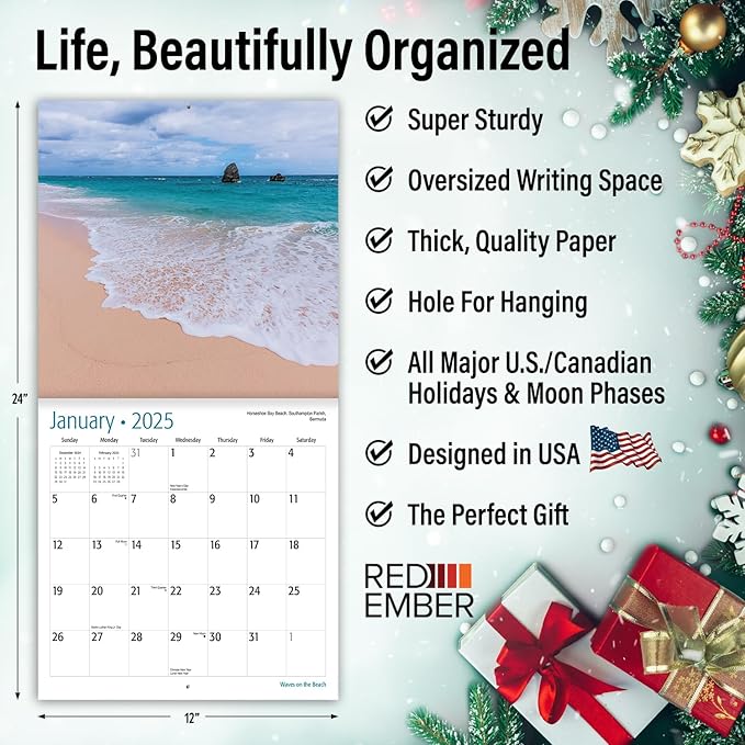 RED EMBER Waves on the Beach 2025 Wall Calendar 12 Month | 12" x 24" Open | Thick & Sturdy Paper | Giftable | Calendar 2025