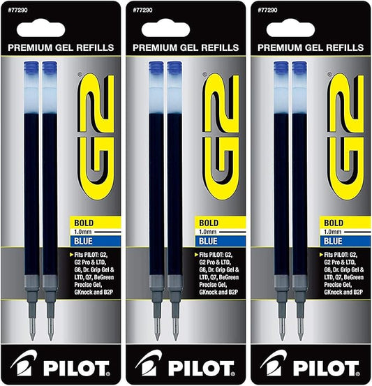 Pilot G2 Gel Ink Pen Refills, Bold Point, 1.0mm, Blue Ink, 6 Refills