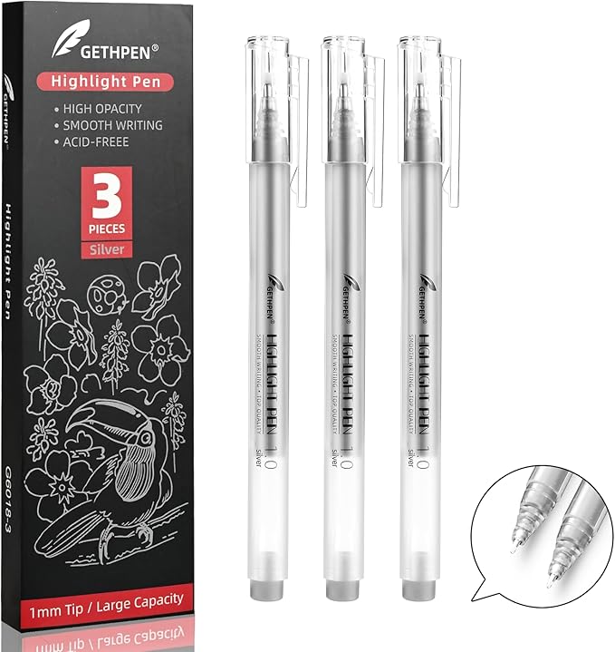 Silver Pens, 3Pack,1mm Extra Fine Point, Silver Gel Pens for Artists, Silver Gel Pen, Silver Ink Pen, Silver Pens for Black Paper, Silver Drawing Pens,Silver Pen for Artists Drawing
