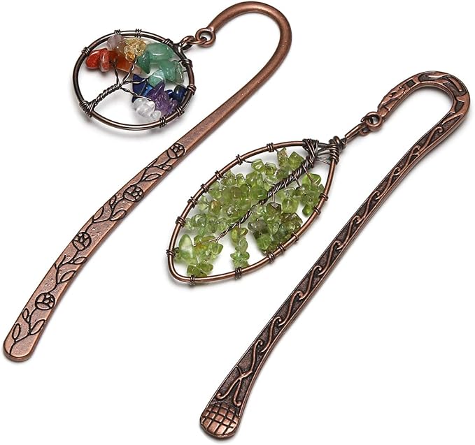 Jovivi 2pcs Antique Copper Metal Bookmark Beading Bookmarks with Handmade 7 Chakra Healing Crystals Tree of Life Tumbled Gemstones & Leaf Bead