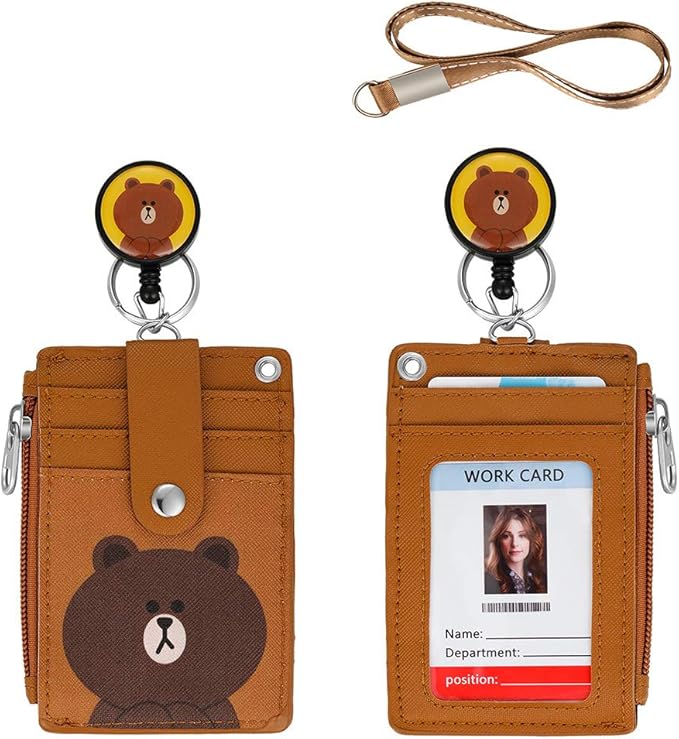 Cute Badge Holder Retractable Lanyard Reel Clip with Heavy Duty Carabiner, 1 Clear ID Window, and 4 Card Slots in 2 Sided for Students Teens Boys Girls Women (01 Brown Bear)