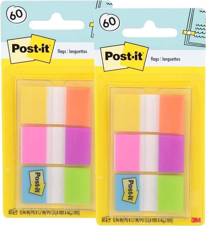 Post-it Flags, 60/On-The-Go Dispenser, .94 in Wide, Alternating Electric Glow Collection (680-EG-ALT) (Pack of 2)
