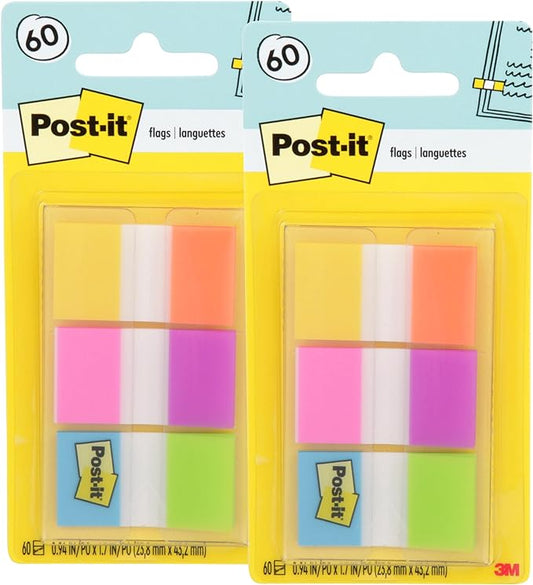 Post-it Flags, 60/On-The-Go Dispenser, .94 in Wide, Alternating Electric Glow Collection (680-EG-ALT) (Pack of 2)
