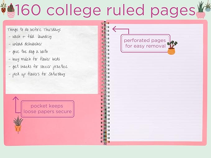 Steel Mill & Co Cute Large Spiral Notebook College Ruled, 11" x 9.5" with Durable Hardcover and 160 Lined Pages, Succulent