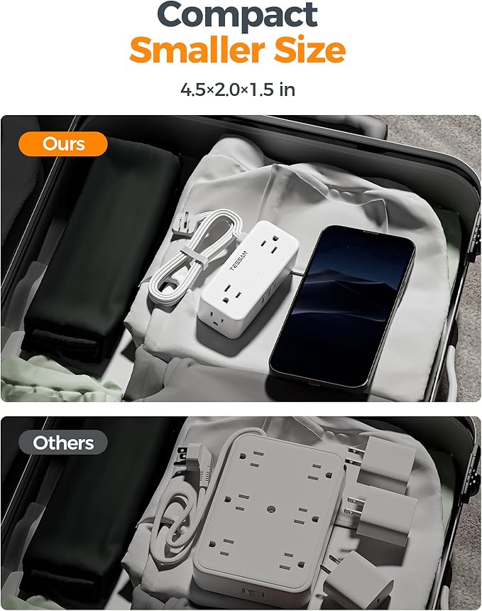 TESSAN White Extension Cord, Surge Protector Small Power Strip with 3 USB Ports (1 USB C), 900J Protection, 5 FT Flat Plug Power Strip, Mini Charging Station Suitable for Home Office Dorm