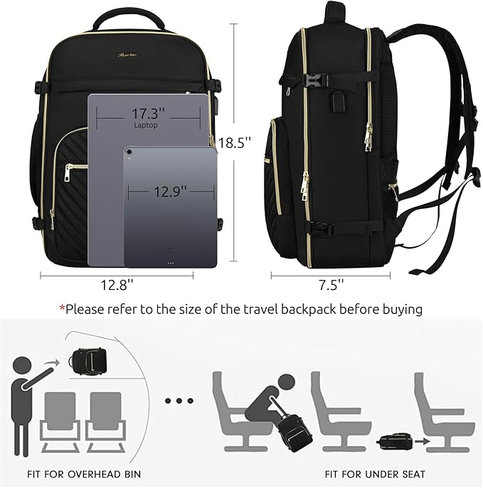 Travel Backpack for Women, Carry On Backpack for Airplanes Flight Approved, Waterproof Large Weekender Overnight Bag Fit 17 Inch Laptop with USB Charging Port, Black
