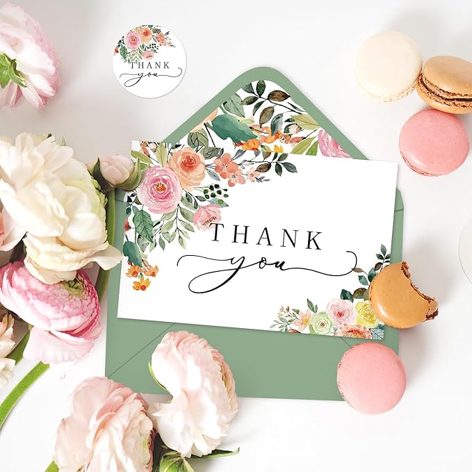 Whaline 50 Pack Floral Thank You Cards Boxed Watercolor Flower with Green Leaves Blank Note Cards with Envelopes Stickers Greeting Cards for Spring Wedding Birthday