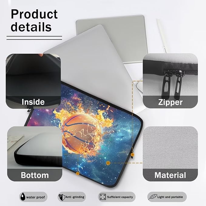 Fire Basketball Laptop Protective Sleeve for Girls Boys 17 inch Computer Sleeve Bag Zippered Pouches Lap Top Case Suitable for Daily Use Travel School Office Multiple & Neatly Organizers