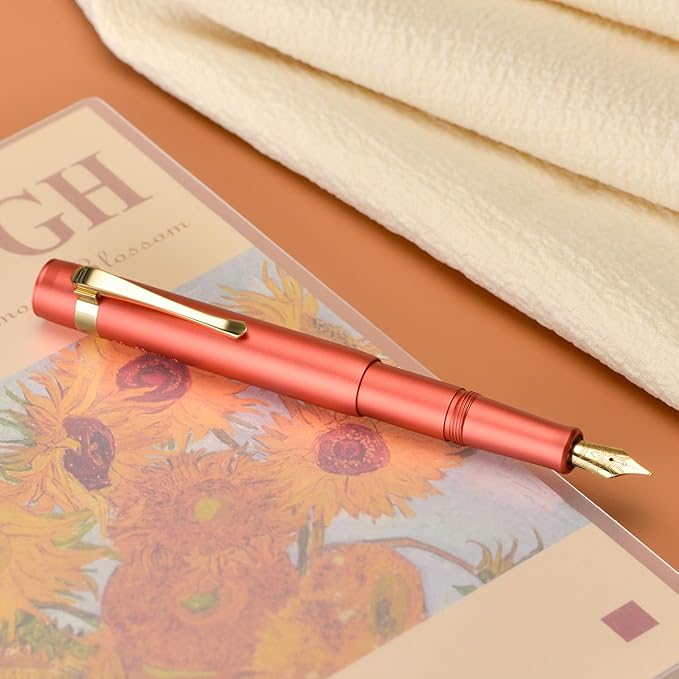 Hongdian M2 Mini Fountain Pen with Extra Fine Soft Golden Nib, Sleek Shape Aluminium Short Pocket Travel Pen (Orange Red)