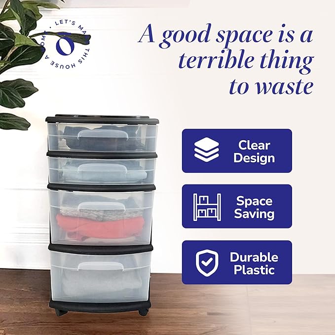 HOMZ 4-Drawer Plastic Storage Cart Organizer with Removable Wheels, Black Frame