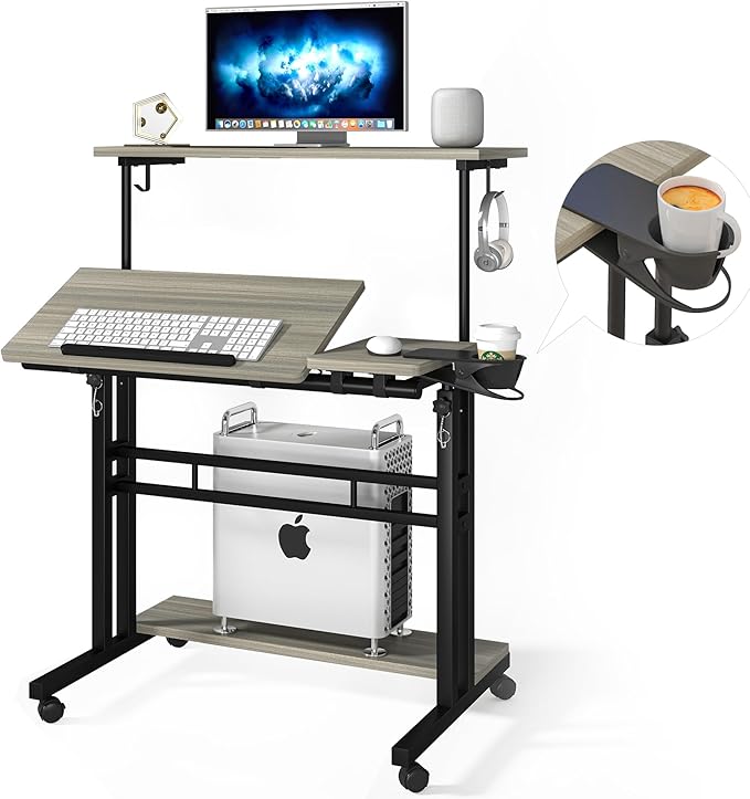 Panta Mobile Standing Desk, Adjustable Rolling Computer Desk with 3 Desktops, Portable Laptop Table with Desk Cup Holder, Home Office Laptop Workstation on Lockable Wheels,Grey Oak