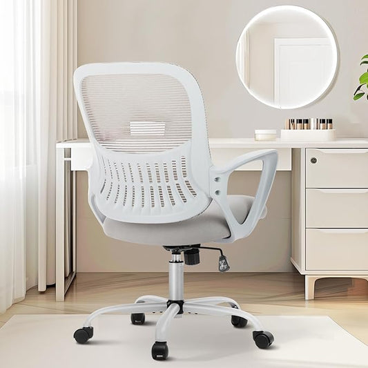 Sweetcrispy Office Computer Desk Managerial Executive Chair, Ergonomic Mid-Back Mesh Rolling Work Swivel Chairs with Wheels, Comfortable Lumbar Support, Comfy Arms for Home,Bedroom,Study,Student,Grey