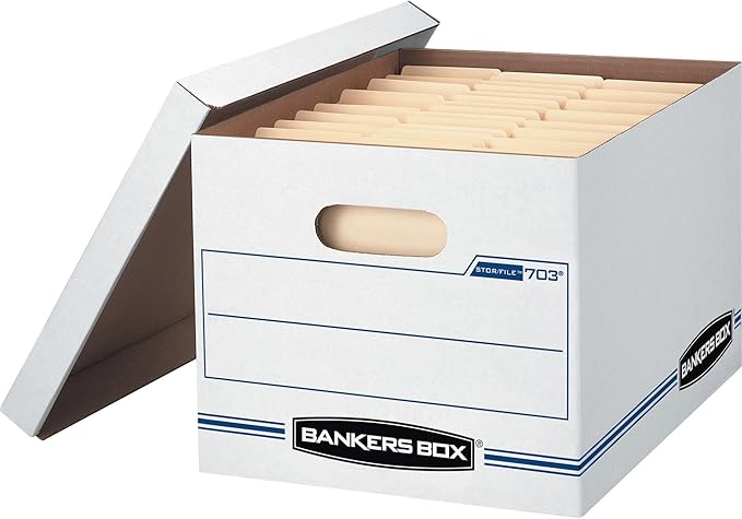 Bankers Box 4 Pack STOR/FILE Basic Duty File Storage Boxes, Standard Assembly, Lift-off Lid, Letter/Legal, White/Blue