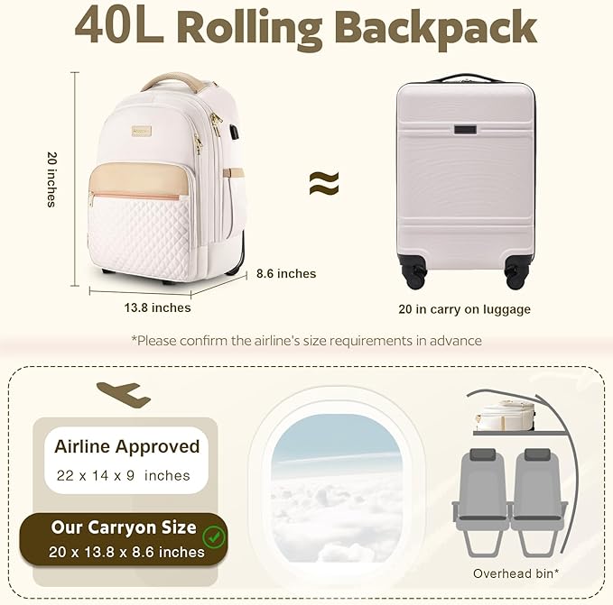 Rolling Backpack For Adults With Wheels, 40L Wheeled Backpack For Women, Travel Roller Backpack, Carry On Luggage, Rolling Bag, Beige