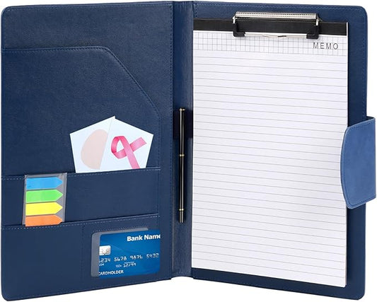 A4 Leather Portfolio Professional Organizer Padfolio,Interview Resume Folder with Magnetic Cover,Conference Document Organizer with Papers,Sticky Tabs,Pen,Work Folio for Women & Man,Retro Blue