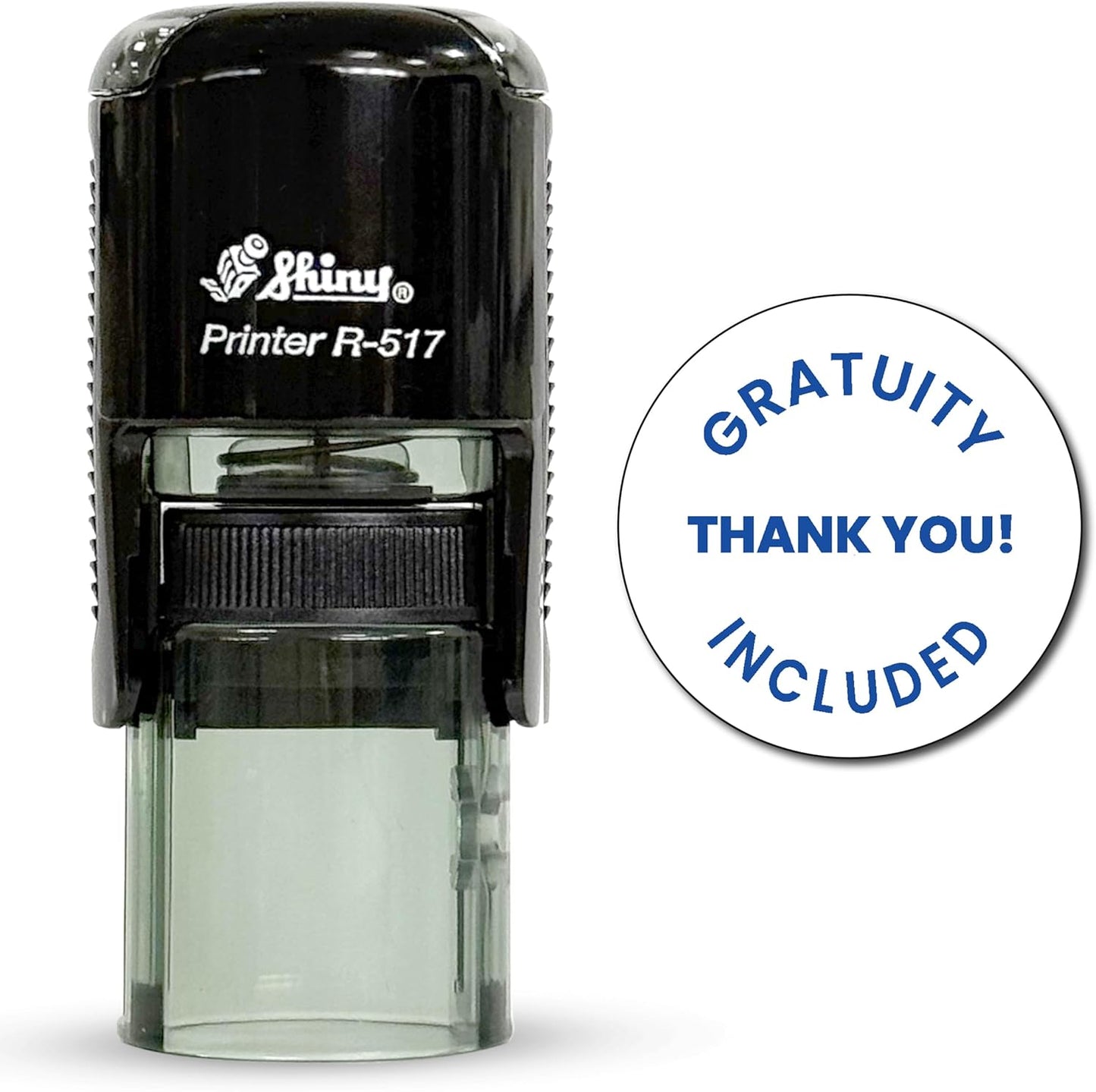 Shiny Gratuity Included Stamp, Round Self Inking Stamp for Restaurant, Bar and Retail, Blue Ink