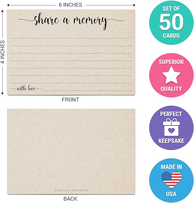 321Done Share a Memory Card, Made in USA - 4x6 Kraft Tan, for Celebration of Life, Birthday, Anniversary, Memorial, Funeral, Graduation, Bridal Shower Game - Set of 50