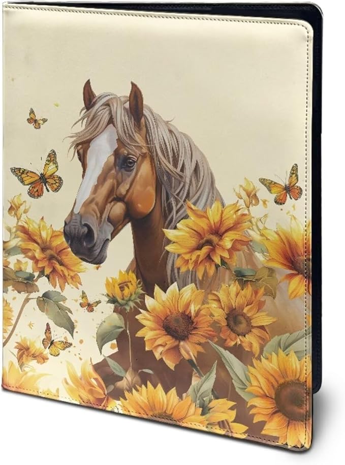 Office Folder Sunflower Horse Butterfly Print PU Leather Padfolio with A4 Size Clipboard Clip for Business Resume Interview Document Sleeve Binder Folder