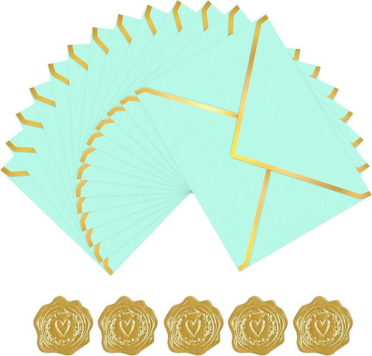 60 Pack Gold Envelopes 5x7 Light Blue, 250G Pearled Cardstock A7 Envelopes for Invitations Business Mailing Envelope with Gold Foil Border, A6 4x6 Envelopes for Wedding Baby Shower Cards
