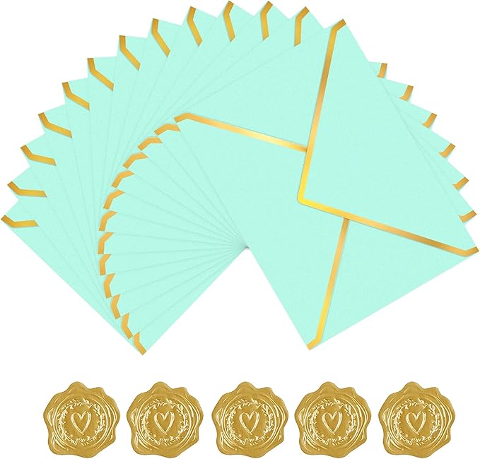 60 Pack Gold Envelopes 5x7 Light Blue, 250G Pearled Cardstock A7 Envelopes for Invitations Business Mailing Envelope with Gold Foil Border, A6 4x6 Envelopes for Wedding Baby Shower Cards
