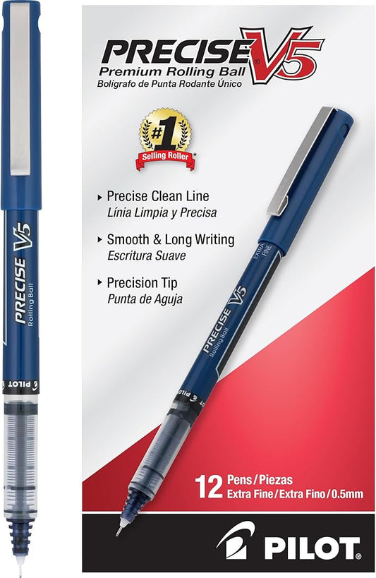 Pilot, Precise V5, Capped Liquid Ink Rolling Ball Pens, Extra Fine Point 0.5 mm, Navy Blue, Pack of 12