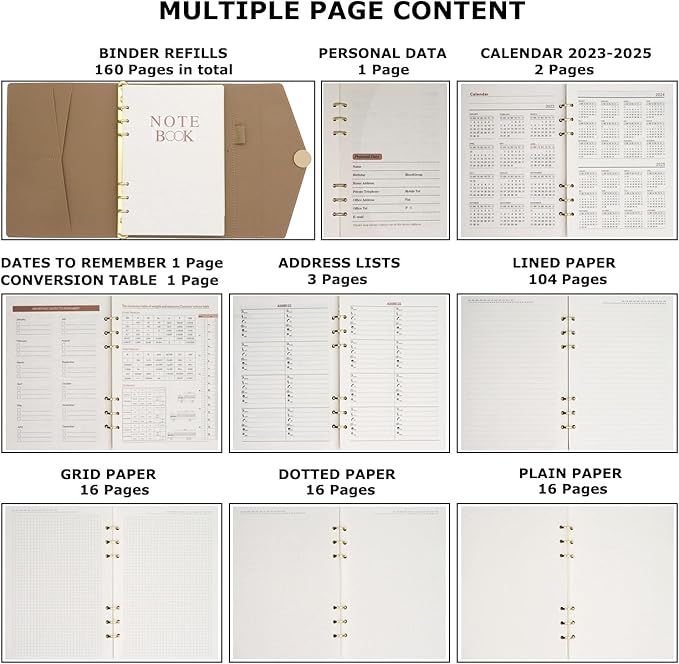 HXRTANGS PU Leather Notebook Binder Set A5, Refillable Writing Journal Planner Organizer with Paper Refills, Index Flags, Subject Dividers, Budget Stickers, Zipper Pocket and Bookmark Ruler, Khaki