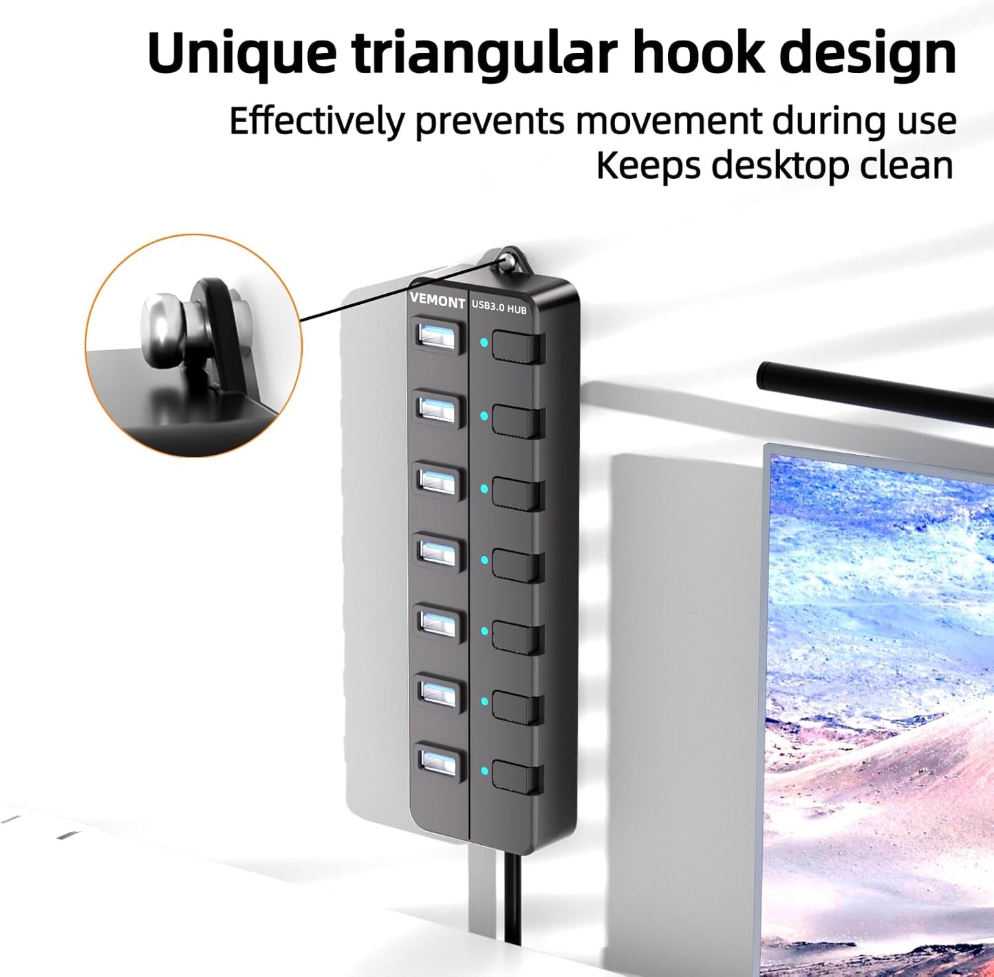 VEMONT 7-Port USB 3.0 Hub (Equipped with a 4-Foot Data Cable, Individual Switch, and Indicator Light, it Supports Data Transfer speeds of up to 5Gbps) Suitable for Desktop Computers and laptops.