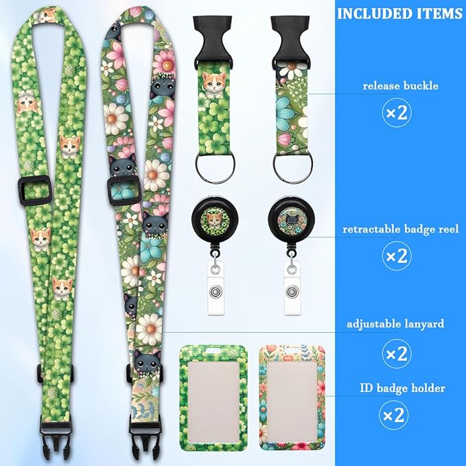 2 Pack Cute Cat Lanyards Badge Holder, Adjustable Lanyard with Retractable Badge Reel, Adorable ID Badge Holder for Teachers, Nurses, Students, Office Staff & Cat Lovers