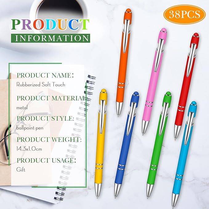 Zonon 38 Pieces Rubberized Ballpoint Pen with Stylus Tip Stylish Metal Pen Capactive Styli with Soft Rubberized Grip, Black Ink for Most Devices(Chic Colors)