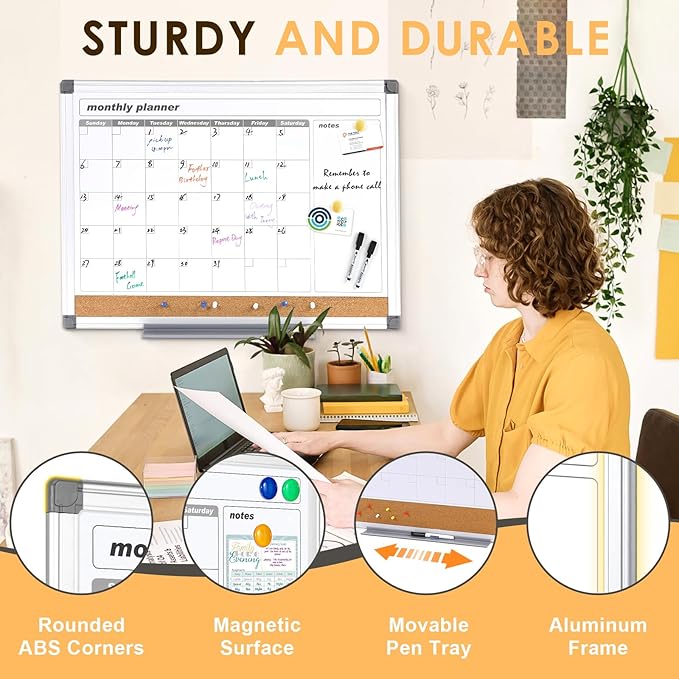 MAKELLO Dry Erase Calendar for Wall 36x24 in, Large Calendar Whiteboard with Cork Board for Office, Home, School, Family, Kitchen and Bedroom, 3' x 2'
