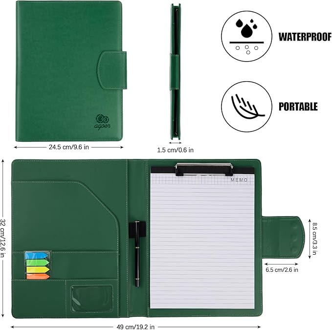 A4 Leather Portfolio,All-in-One Folder Legal Pad Padfolio,Business Interview Legal Organizer with Magnetic Closure,Resume Folder Binder with Luxury Papers,Sticky Tab,Pen for Men & Women,Retro Green