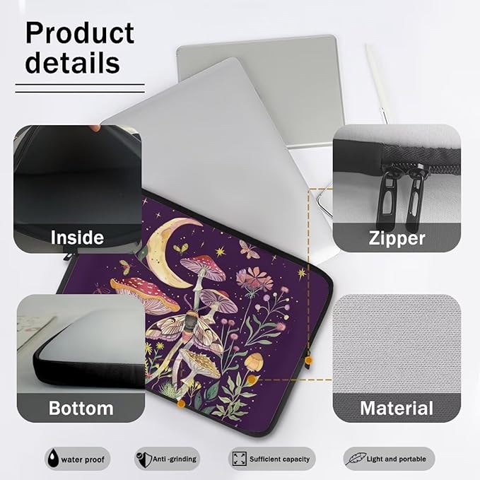 Mushroom Laptop Protective Sleeve for Girls Boys 13 inch Laptop Covers with Large Capacity Lap Top Case Lightweight Computer Sleeve Bag Suitable Gifts for Holidays Tablet Bag Moon