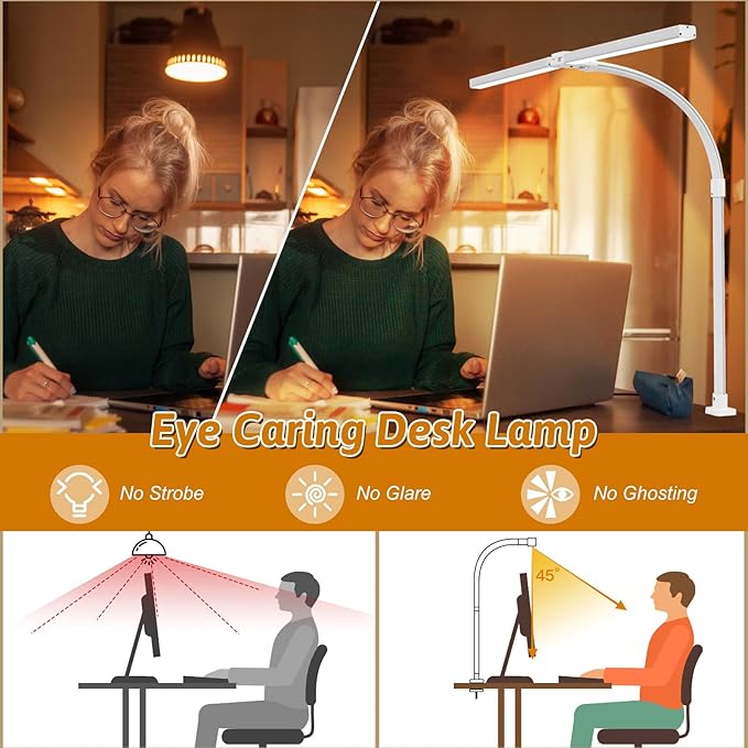 Double Head LED Desk Lamp with Remote Control Tall Desk Lamps for Home Office 24W Brightest Computer Desk Light Office Lamp for Workbench Drafting Architect Study Reading with Anti-Glare Cover