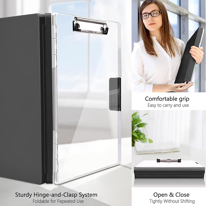 Clipboard with Storage,Heavy Duty Clip Boards 8.5x11 with 2 Storage Case,Clear Visible Top Panel Storage Clipboards,Side Opening Clip Boards,Nursing Clipboard Folder Case for Office Supplies-Black