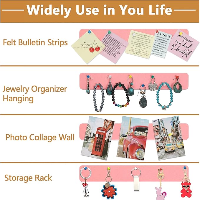 Felt Pin Board Bar Strips Bulletin Board for Bedrooms Offices Home Wall Decoration, Notice Board Self Adhesive Cork Board with 35 Push Pins for Paste Notes, Photos, Schedules