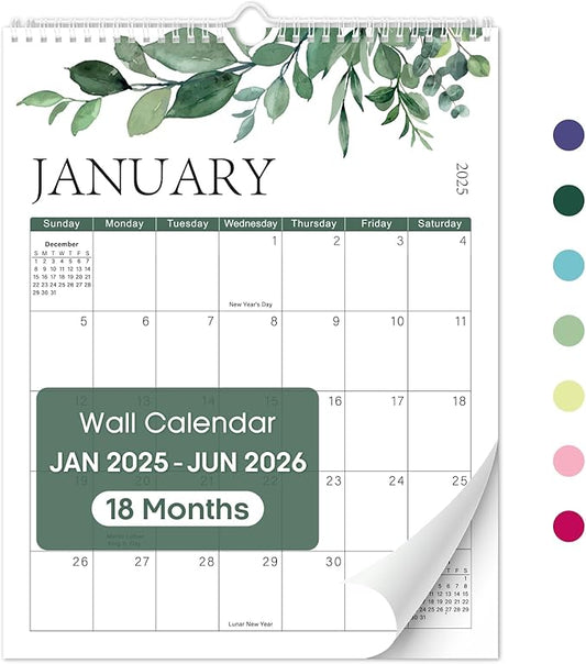 2025 Wall Calendar, Monthly Wall Calendar from January 2025 to June 2026, 14.7" x 11.5", Spiral Binding Hanging Wall Calendar, Perfect for Home or Office, Greenery Design