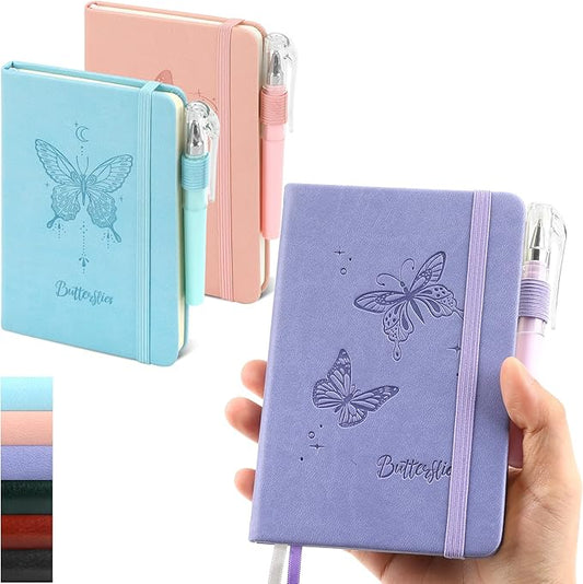 Small Notebook College Ruled, 3 Pack (3 color) 3.7x5.7 in Pocket Notebook Butterfly Journaling Notebooks Mini Hardcover Lined Note Pads with Pens for Work Business Travel and Office Supplies