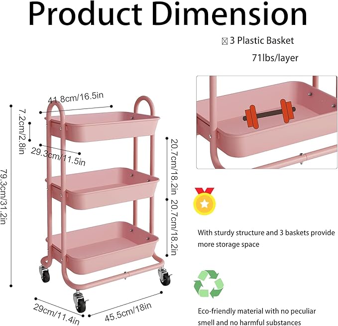 3-Tier Pink Utility Rolling Cart,Kitchen Storage Carts with Wheels,Pink Metal Rolling Cart for Office,Home,Kitchen,Garden（18"x11.4"x31.2"） Pink