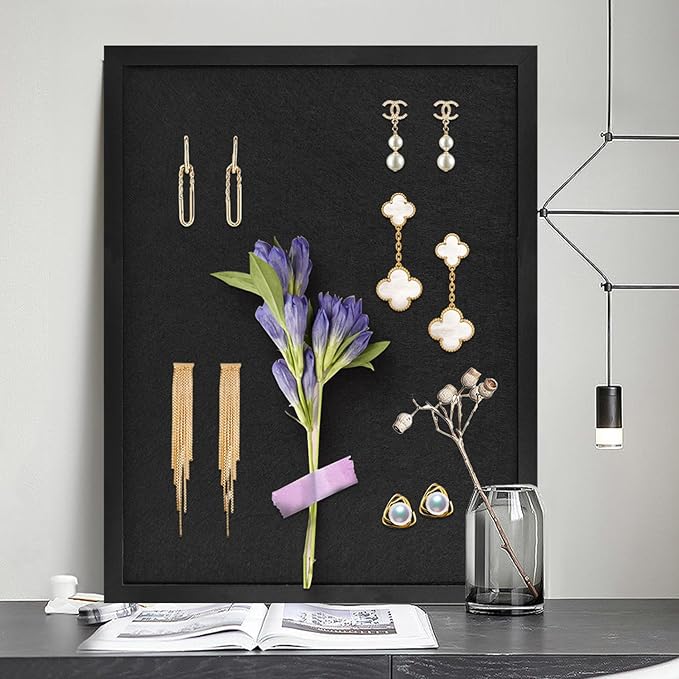 Black Bulletin Boards Cork Board with Felt, 17"x13" Large Display Pin Board Vision Board for Walls, Jewelry, Notes, Collection, Photos, Office, Wood Framed(Black) & Felt(Black), 2pc