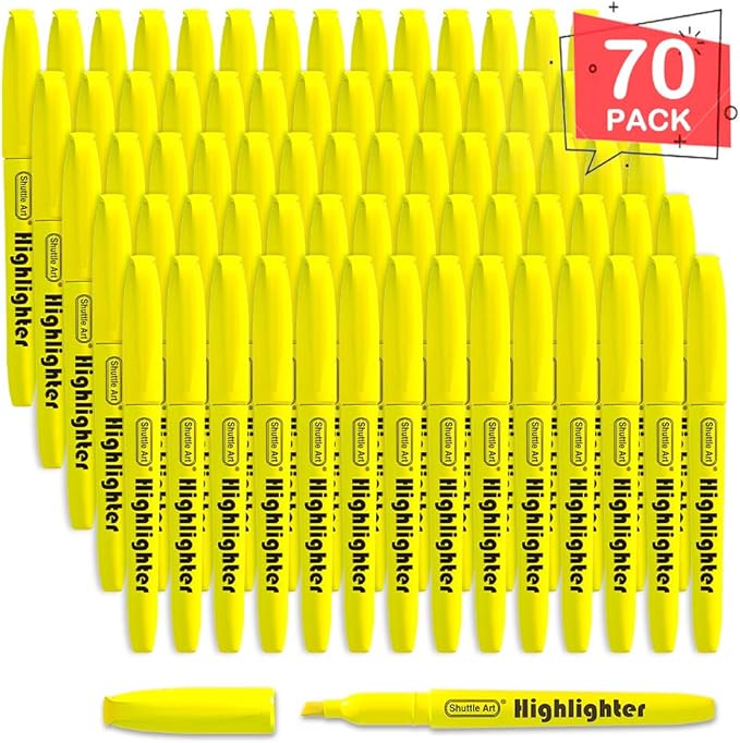 Shuttle Art 70 Pack Highlighters, Yellow Highlighters with Versatile Chisel Tip, Highlighter Markers Bulk in Vibrant Color for Highlighting as Office, School Supplies