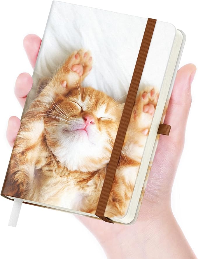 Small Notebook, Mini Pocket Journal A6 5.7" x 3.9", Leather Hardcover Journal with Pen Holder, 160 Thick Papers, Cute Lined Notebook Small Notepad for Women Writing Work Travel, Cute Kitten
