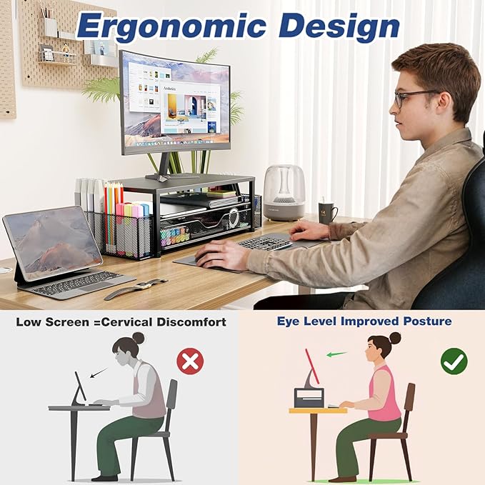 Desk Organizers and Accessories, 2-Tier Computer Monitor Stand for Desk Organizer with Drawer and 2 Pen Holders, Office Desk Accessories Workspace Desktop Organizers for Office Supplies, White